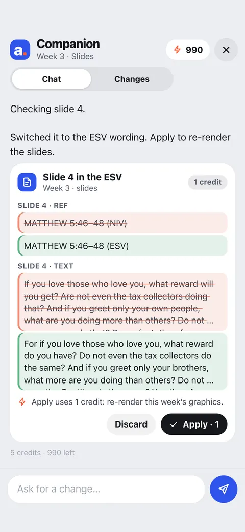 The companion switching slide 4 to the ESV, with Apply
