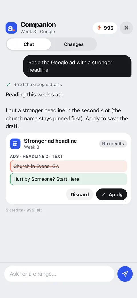 The companion offering a stronger ad headline, with Discard and Apply